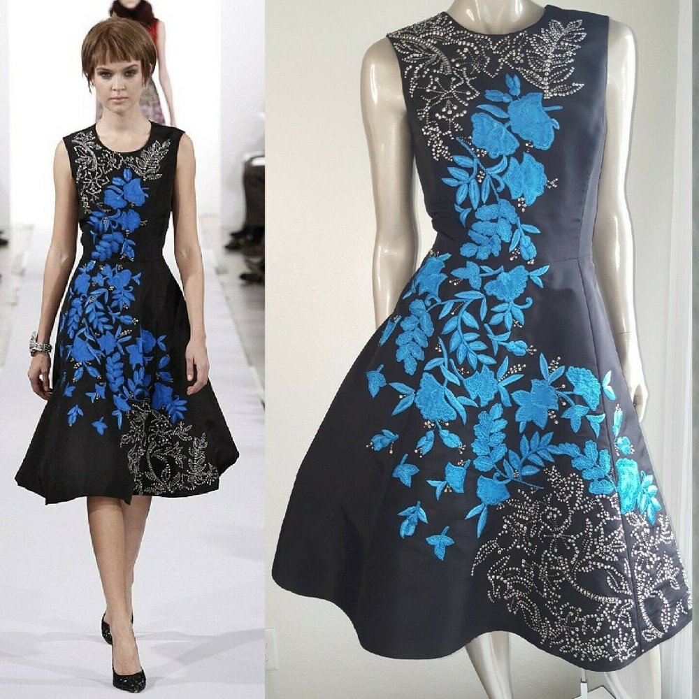 0$6,000 OSCAR DE LA RENTA BLACK BLUE EXCLUSIVE BEADED EMBROIDERED SILK  DRESS 6